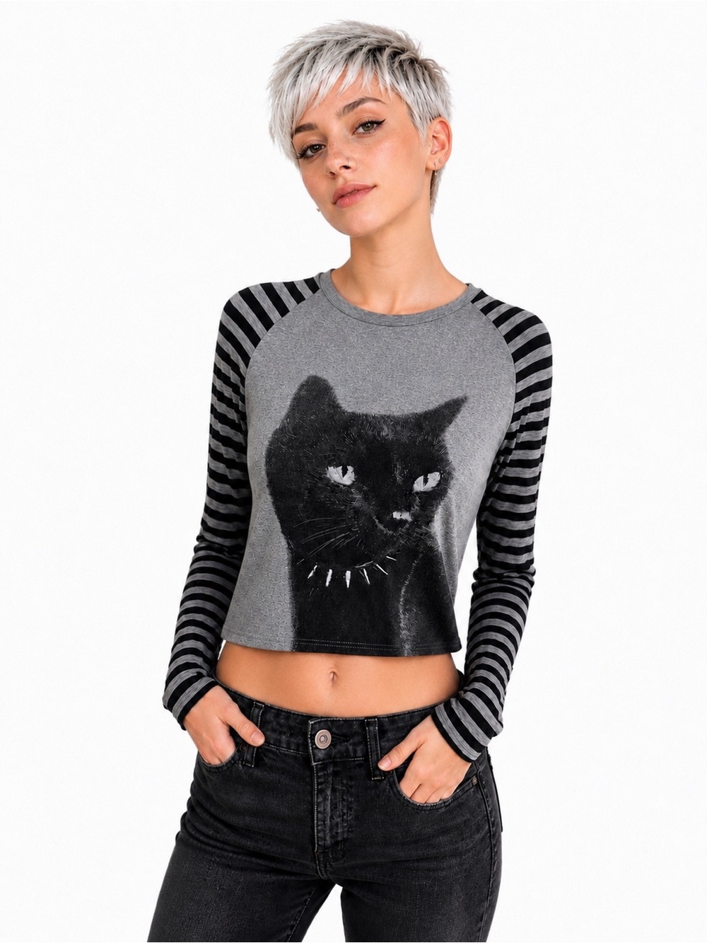 Juniors Small Fit Cider Black Cat Graphic Striped Raglan Long Sleeve Tee